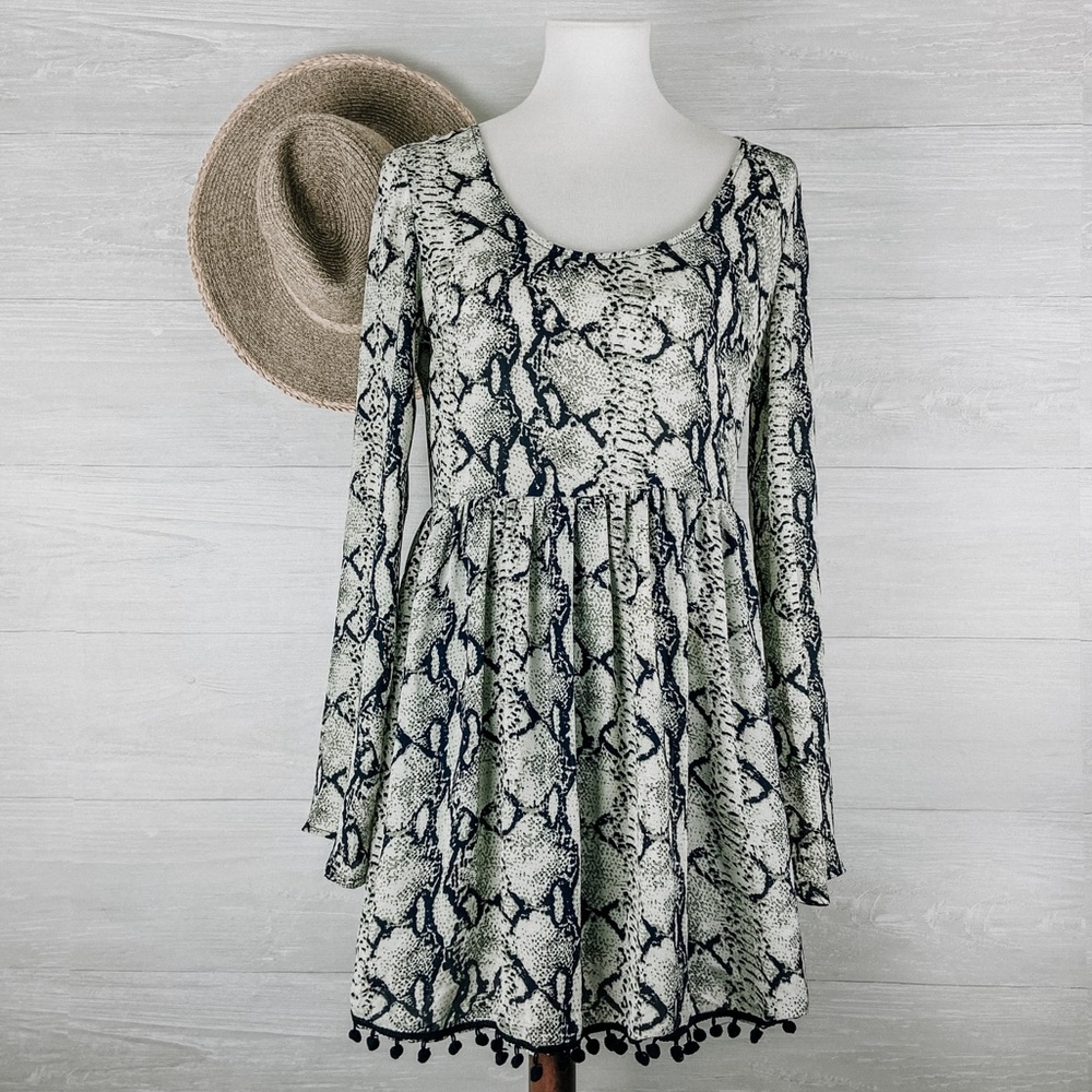 TOBI Long Sleeve Snakeskin Dress with Pom Pom Hem